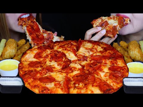 ASMR CHEESY PEPPERONI PIZZA + FRIED CHICKEN TENDERS WITH FRIES + ICE CREAM DESSERT 먹방