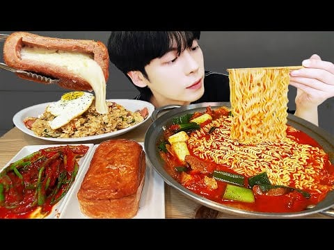 ASMR MUKBANG | 직접 만든 김치 라면 & 계란 통스팸, 소세지 야채 볶음밥 먹방 | RECIPE KOREAN HOME FOOD الأرز المنزل Nhà gạo