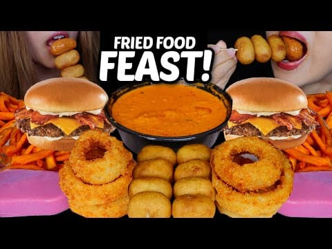 ASMR FRIED FOOD FEAST WITH BUTTER CHICKEN! Big crunchy onion rings, corn dogs, bacon cheeseburger 먹방
