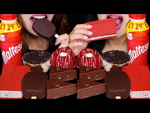 ASMR MALTESERS CHOCOLATE DRINK, DARK DOVE ICE CREAM BARS, MINI CAKE SLICES, RED VELVET SANDWICHES 먹방