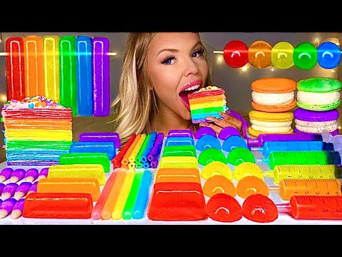 MOST POPULAR ASMR FOOD* RAINBOW CREPE CAKE JELLY STRAWS NIK-L-NIP WAX STICKS SQUARE JELLY MUKBANG 먹방