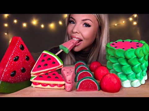 ASMR WATERMELON CAKE, SANDWICH COOKIE, WATERMELON GUMMY SLICES, POPSICLE, GUMMY JELLY MUKBANG 먹방