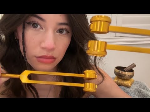 girl uses tuning forks & a sound bowl (asmr)