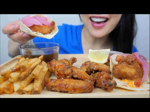 CHICKEN WINGS + FISH TACO + FRIES GRAVY (ASMR EATING SOUNDS) LIGHT WHISPERS | SAS-ASMR