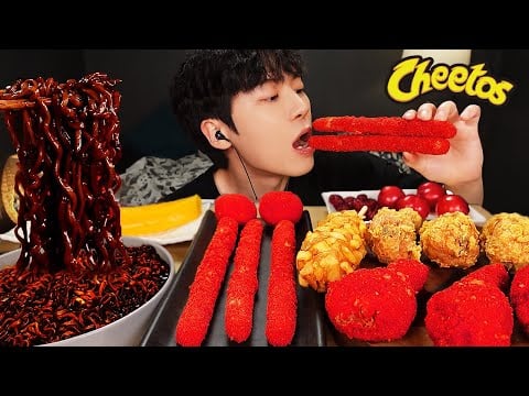 ASMR MUKBANG | 직접 만든 치토스 양념치킨 치즈스틱 치즈볼 짜장 라면 딸기 먹방 & 레시피 FRIED CHICKEN AND FIRE NOODLES EATING