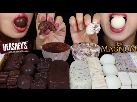 ASMR DARK VS WHITE CHOCOLATE MAGNUM ICE CREAM BARS, MINI BON BONS, HERSHEY'S, CAKE CUPS, LOACKER
