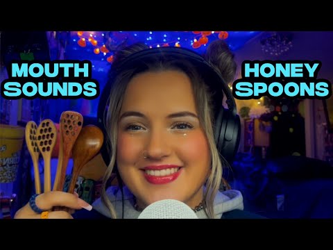 Honey spoons, intense mouth sounds, wooden spoon tapping, lipgloss application, satisfying sounds! 🥄