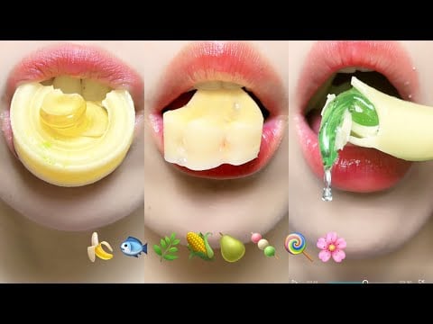 Compilation Asmr Eating Wax Candy Honey Emoji Food 🍋‍🟩🍌🍭
