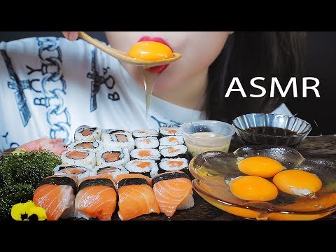 ASMR SALMON SUSHI AND MANDARIN FLAVOUR RAW EGGS EATING SOUND | LINH-ASMR mukbang