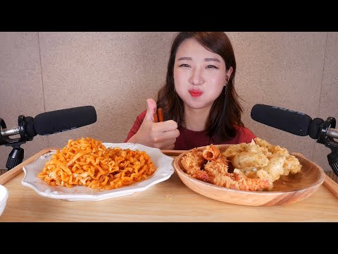 [ASMR] 🍤새우/오징어 튀김과 까르보 불닭 볶음면 | 환상의 조합...👍🏻