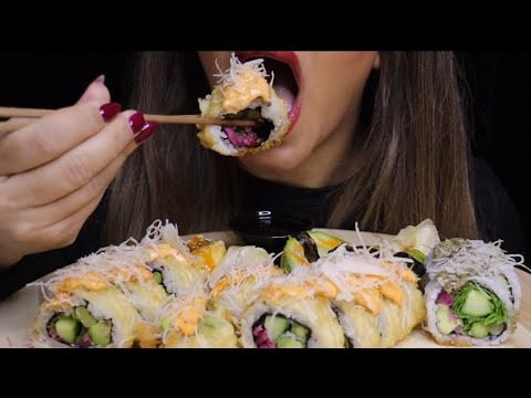 ASMR SUSHI FEAST FRIED MAKI ROLLS TOFU AND AVOCADO MUKBANG no talking CREMA ASMR #asmr #mukbang