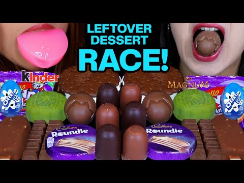 ASMR LEFTOVER DESSERT RACE! MILKA OREO CHOCO EGG, CADBURY ROUNDIE, MINI MARSHMALLLOW, MAGNUM, KINDER