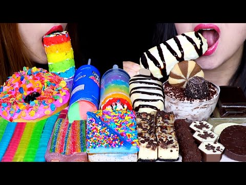 ASMR RAINBOW VS BLACK + WHITE (CAKE PUSH POP, ICE CREAM BAR, GIANT DONUT, CHEESECAKE, JELLY NOODLE먹방