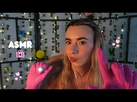 ASMR face exam (soft spoken/whispered, latex gloves, taking measurements, light triggers)