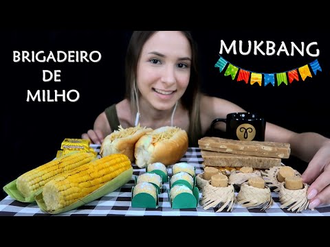 ASMR MUKBANG - COMIDAS DE FESTA JUNINA 🌽 (milho, paçoca, brigadeiro de milho, cachorro quente..)