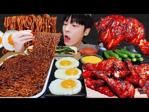 ASMR MUKBANG 슈프림 양념 치킨먹방! BBQ 자메이카 통다리 짜파게티 먹방 & 레시피 FRIED CHICKEN EATING SOUND!
