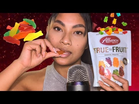 ASMR Eating Exotic Fruit Gummy Bears And Swedish Fish, Up Close No Talking