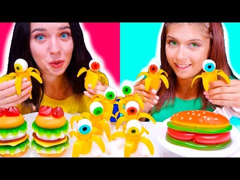 ASMR Gummy Eyeballs Candy Race, Gummy Jelly Bananas, Blue Candy
