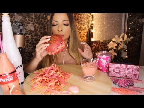 PEMBE YİYECEKLER YEDİM! | PEMBE HAMBURGER  | YENİLEBİLİR KOLA ŞİŞESİ | TÜRKÇE ASMR | PINK FOOD