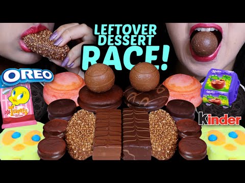 ASMR LEFTOVER DESSERT RACE! CHOCOLATE CAKE BARS, TWEETY ICE CREAM BARS, MILKA SNOBALLS, KINDER, OREO