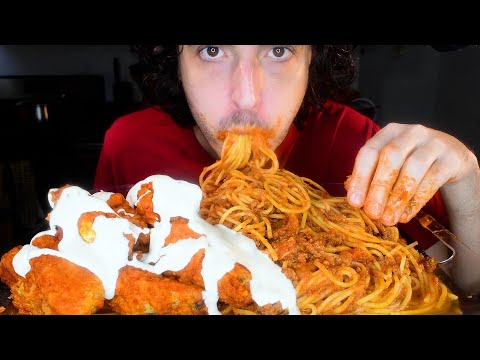 ASMR BUFFALO CHICKEN WINGS AND MESSY SPAGHETTI WITH RANCH ! MUKBANG (No Talking) NOMNOM