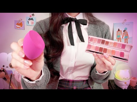 ASMR(Sub) Korean Friend Does Your Pink Highteen Makeup Roleplay🎀