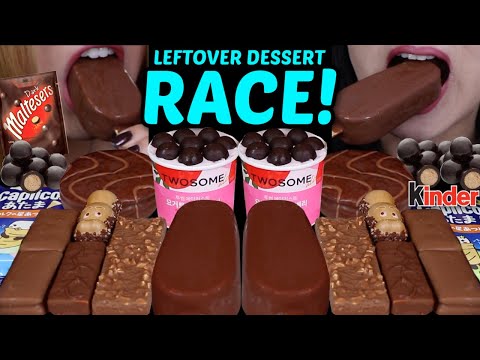 ASMR LEFTOVER DESSERT RACE! MALTESERS ICE CREAM CUP, MILKA, GIANT CHOCOLATE ICE CREAM BAR, KINDER 먹방