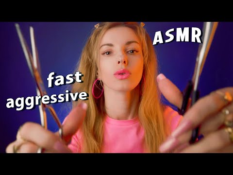 ASMR Fast Aggressive Haircut Realistic Hair Styling, Combing, Scissors, Brushing, Spraying, ASMR