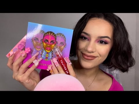 ASMR pink triggers 🩷 ~ mic + hair brushing, lip gloss sounds, whispers, nail tapping! 💗