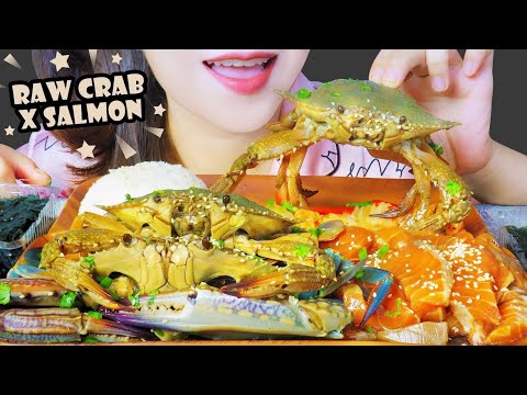 ASMR SOY SAUCE MARINATED RAW CRAB x RAW SALMON  EATING SOUNDS | LINH-ASMR