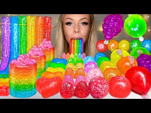 ASMR RAINBOW GLITTER* EDIBLE SHOT GLASS, POPPING BOBA, TIK TOK JELLY FRUIT CANDY MUKBANG 먹방 HUNNIBEE