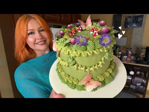 ASMR Decorating a Fairy Garden Cake 🧚🏼‍♀️ (Close Whisper, Fire Crackling)
