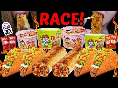 ASMR RACE! BULDAK CARBONARA NOODLES, TACO BELL GRILLED CHEESE BURRITOS, ICE CREAM, TACOS 먹방