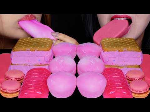 ASMR PINK SUGAR COOKIE ICE CREAM SANDWICHES, STRAWBERRY MOCHI ICE CREAM, MINI PEACH MACARONS 먹방