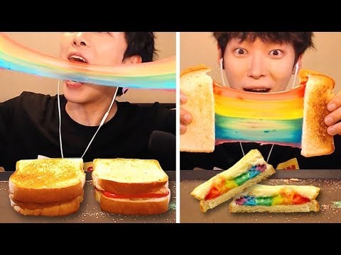 Mukbang Rainbow Cheese🌈무지개 치즈 토스트 먹방(역대급) 虹色チーズトースト, 乾酪, iris, pelangi, Eatig show   [SIO ASMR 시오]
