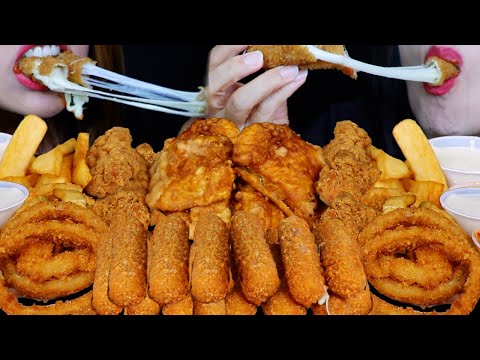 ASMR FRIED FOOD FEAST! HUGE CRUNCHY ONION RINGS, CHEESE STICKS, FRIED CHICKEN TENDERS, FRIES, FISH