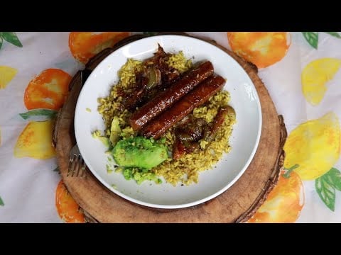 Yellow Rice Sweet Chili Veggie Sausage ASMR Eating Sounds