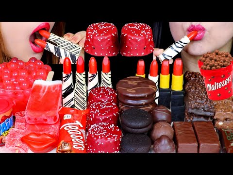 ASMR RED VELVET CAKE POPS, EDIBLE CHOCOLATE LIPSTICKS, MALTESERS CHOCOLATE, POPPING BOBA, ICE BAR 먹방