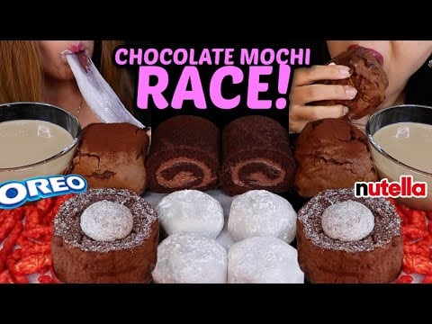 ASMR BIG CHOCOLATE MOCHI CAKE RACE! Oreo fresh cream cake, Chocolate cream castella 먹방
