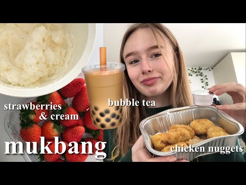 ASMR MUKBANG eating chicken nuggets, strawberries and cream + bubble tea/popping boba! 🍓🧋