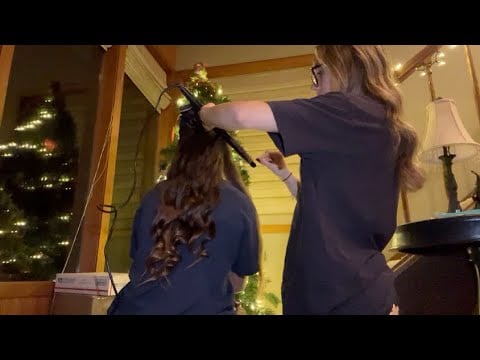 real person ASMR ~ curling + brushing long hair ~ soft spoken 🎄💖