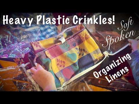 ASMR Heavy plastic crinkles! (Soft Spoken version) Organizing and storing linens!