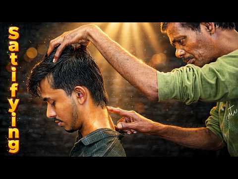 Most Satisfying Old School Barber ASMR | Head Massage, Ear Massage & Champi | Tapping & Scratching