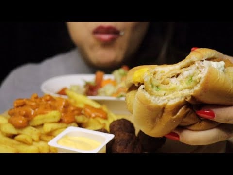 ANIMAL FRIES WITH SAUSAGE FISH CHEESEBALLS BURGER MEATBALLS SALAD MUKBANG #asmr #mukbang #hamburger