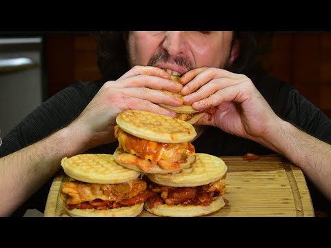 ASMR SPICY CHICKEN KIMCHI WAFFLE SANDWICH  * CRUNCHY * w/ new SECRET SAUCE RECIPE 먹방