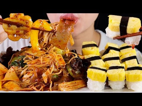 ASMR Spicy Mala Stir-Fry and Egg Sushi | Mala Xiang Guo | No Talking Eating Sounds Mukbang