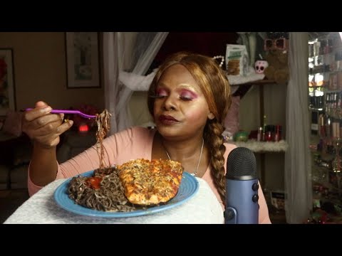 Salmon Black Noodles Dinner ASMR Eating Sounds