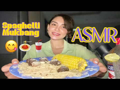 Spaghetti mukbang ASMR(meetballs, boiled corn and soda) | موكبانگ اى اس ام ار / دستپخت خودم 😀