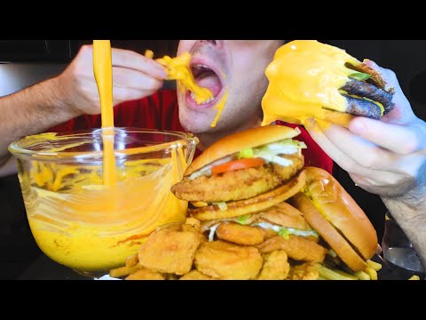 MCDONALDS CHEESE SAUCE FEAST! CHICKEN, BURGERS NUGGETS & FRIES * ASMR NO TALKING * | Nomnomsammieboy