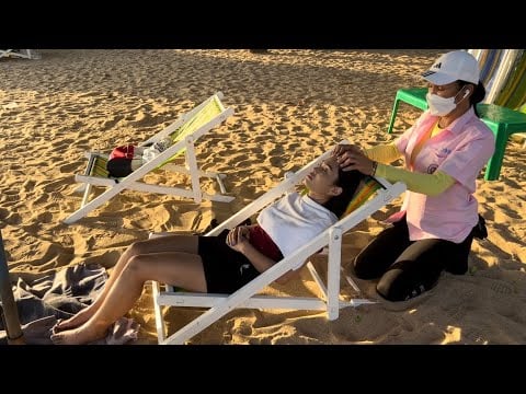 ASMR QUEEN OF BEACH MASSAGE / BEST HEAD FOOT & SHOULDER MASSAGE with sounds of sea waves